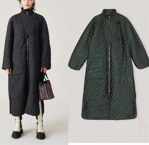 Abrigo de Parkas de longitud media a cuadros con cuello alto para mujer, chaqueta larga con cremallera y dobladillo informal cálido para invierno 2023 con bolsillos, negro y verde