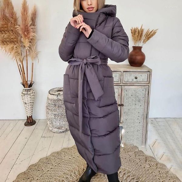 Femmes bas YANA mode solide Style à capuche Parkas femmes élégant hiver cravate ceinture manteaux poches cheville longueur coton vestes dames