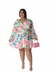 Femmes Dr Lg manches V profond imprimé fleuri Sexy Dres grande taille élégant printemps automne fête robes Chiff Mini Dr h91Z #