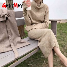 Robe femme automne oversize pull en tricot col roulé élégant à manches longues maxi coréen Vintage tricoté hiver 210428