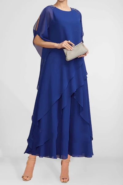 Robe pour femmes élégante grande taille semi formelle bleu royal en mousseline de soie en couches ourlet asymétrique robe de longueur de thé col rond robes décontractées 240124