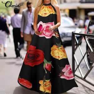 Vestido de mujer Moda sin mangas Halter Maxi Sundress Celmia Estampado floral Vestido largo Vestido de fiesta bohemio Casual Vestidos sueltos X0521