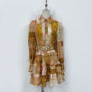Damesjurk linnen beige laple nek met lange mouwen bloemen gedrukte shirt mini -jurk