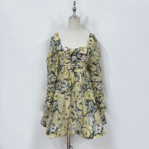 Damesjurk linnen bloemen gedrukte vierkante nek lange mouw verzamel taille backless mini jurk