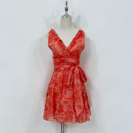Vestido para mujeres Lino Rojo Floral Floral Vistén con cuello V en V Recolección de cintura sin respaldo Vestido Mini Vestido