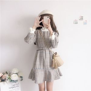 Damesjurk Ruffled Plaid Herfst Lange Mouw Hoge Taille Riem Slanke Sexy Mini Japan Harajuku Jurken Vrouw Vestidos Vrouw LS179 210409