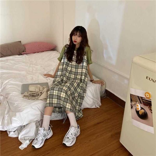 Costumes habillés pour femmes été japonais lâche style preppy jarretelles jupe à carreaux étudiante + robe de costume T-shirt tout match 210526