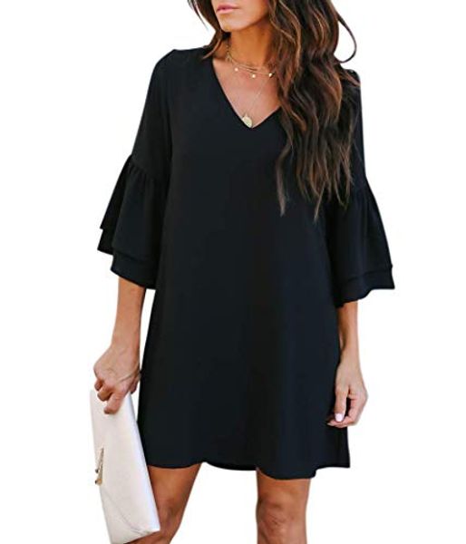 Hauts pour femmes T-shirt Robe pour femme Doux Mignon Col en V Manches Cloche Robe Droite Mini Robes Évasées Manches Mi-longues Été Décontracté Lâche Plus La Taille Jupe Courte