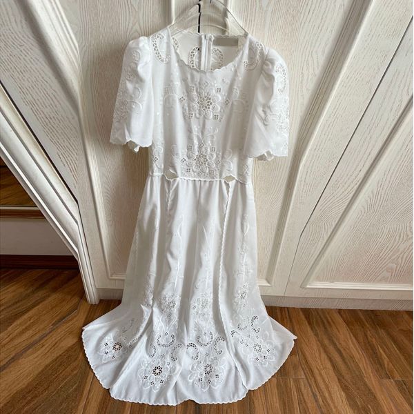 Vestido de mujer de lino blanco, mezcla de algodón, cuello redondo, manga corta, vestido midi bordado ahuecado