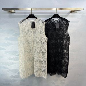 Damesjurken Europees Modemerk Zwart en wit Ronde Hals Mouwloze geborduurde kant Mini -jurk