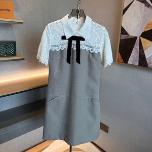 Vestidos de mujer marca de moda europea gris francés elegante lazo encaje patchwork solapa mini vestido de manga corta