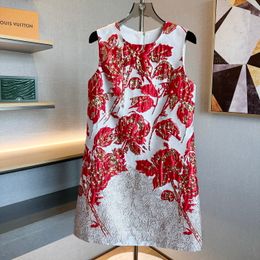 Damesjurken Europees modemerk Mouwloze gouddraad mini-jurk met rode bloemen en ronde hals