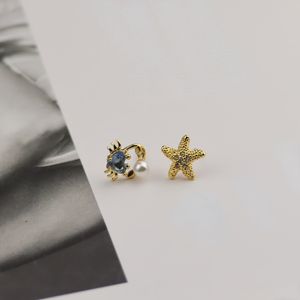 Pendientes de tuerca para mujer, pendientes asimétricos de cangrejo pequeño de estrella de mar, pendientes de aguja de plata 925 con incrustaciones de circón de viento de viajero a la moda