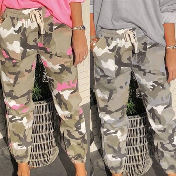 Pantalon sarouel taille haute élastique pour femme Camo Cargo Pantalon décontracté Pantalon militaire Combat Camouflage Sports 201031