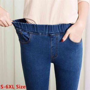 Dames Elastische Hoge Taille Skinny Jeans Plus Size 5XL 6XL Mode Vrouwen Zwart Blauw Pocket Mom Stretch Denim Broek 210629