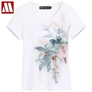 T-shirts de broderie de fleurs élégantes pour femmes Femme Coton Tops à manches courtes 5XL 210623