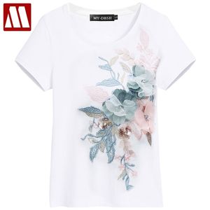 Dames elegante bloem borduurwerk T-shirts Vrouwelijke katoenen korte mouw tops 5XL 210722