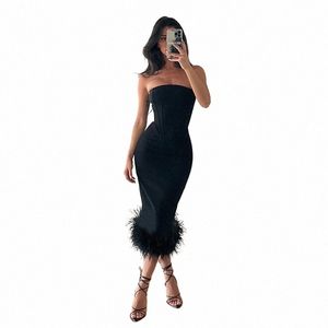 Femmes élégantes robes de bal plume serré sexy bustier tubulaire solide jupe mi-longue Traf robes Banquet femmes fête Maxi Dr y4C1 #