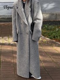 Femmes élégant coussin d'épaule col rabattu laine Maxi manteau à manches longues Double poitrine manteau femmes automne/hiver loisirs rue manteau 240112