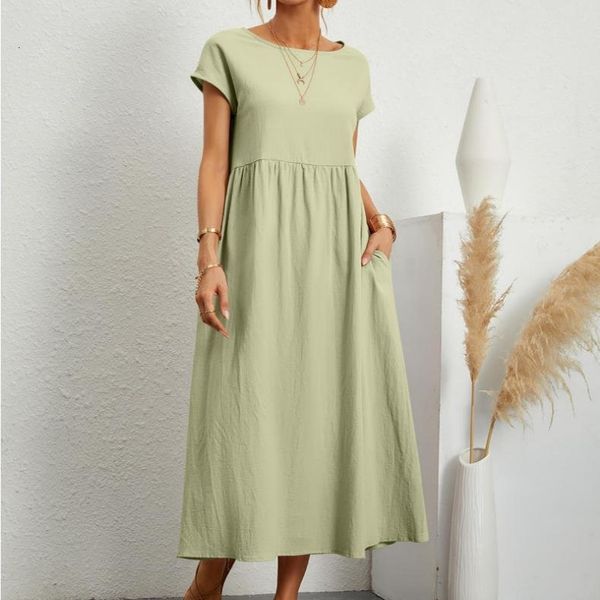 Robe élégante de couleur unie pour femmes, été à manches courtes, col rond, Vintage chez l'habitant, coton et lin, confortable, poche ample, longue robe 240116