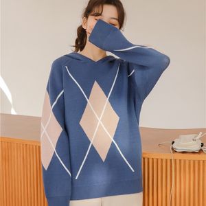 Dames Elegante Winter Mode Hooded Pullover Sweater Retro Argyle Lazy Oversized Warm Lange Mouwen 210520