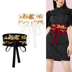 Femmes brodées Vintage taille large japonais auto-cravate envelopper autour de la bande Obi Cinch Boho ceinture tissu robe ceintures 240109