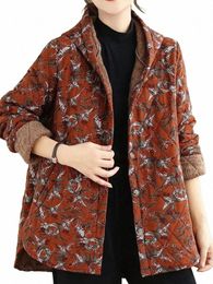 Estilo étnico de las mujeres floral con capucha de manga larga abrigo de un solo pecho suelto vintage casual mantener caliente chaqueta de algodón de cintura ancha d4Ic #