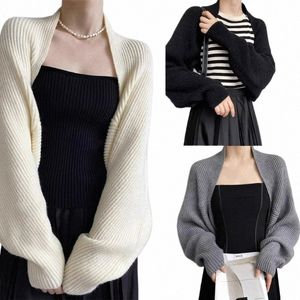 Automne des femmes ouvert Frt haussements d'épaules Lg manches Boleros solide léger tricoté Cardigan court pulls courts châle hauts R9ux #