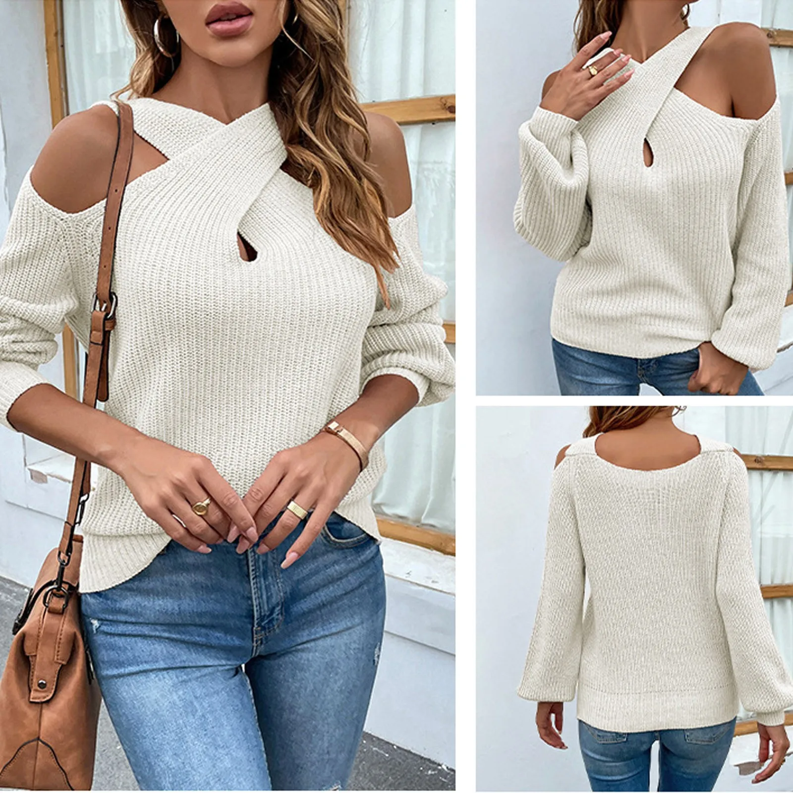 Women's Fall Sweaters Solid Color Cross Halter Shoulder Sleeve Knitted Sweater Lantern Sweater Fashion