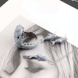 Acessórios de moda feminina animal cheio diamante aberto anel simples brincos azul diamante brilhante colar