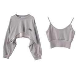 Sweat-shirt court asymétrique pour femmes, 2 pièces, décontracté, couleur unie, manches longues, pulls chics, 240115