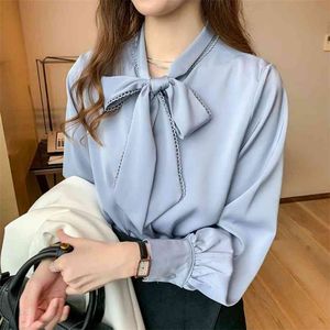 Moda femenina Otoño e invierno Camisa de gasa de satén coreana de invierno Arco suelto Tops de manga larga Blusa de color sólido P383 210527