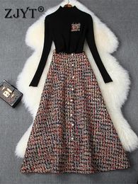 Damesmode Herfst Winter 2-delige jurkset Vrouwelijke feestoutfits Zwarte trui-top en lange tweed wollen rokpak Twinset 231227