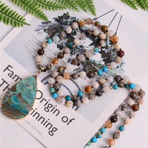 Damesmode handgemaakte boho ketting mix natuurlijke stenen grote traan hanger lariat kralen geknoopte bohemen