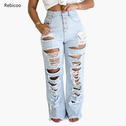 Mode femme taille haute jean déchiqueté trou bordure pantalon droit en détresse petit ami déchiré jean pour femme S-2XL
