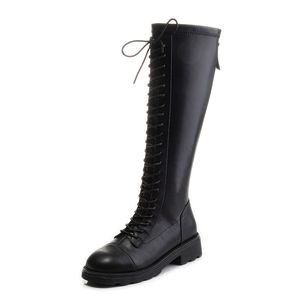 Damesmode Knight Boots Style Plus Fluwelen Lederen Kniebeschermers Achter Rits Schoenen Britse Stijl Herfst en Winter