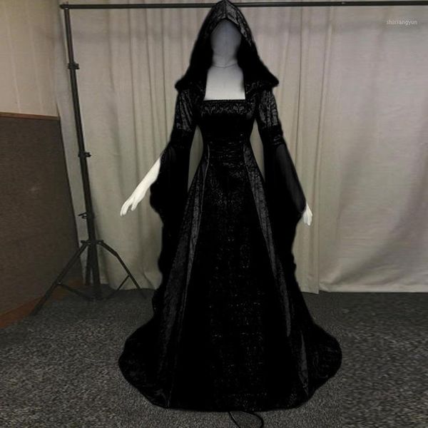 Vestidos casuales Moda para mujer Manga larga con capucha Vestido medieval Longitud del piso Cosplay Robe Femme Maxi Vestido de mujer # L201