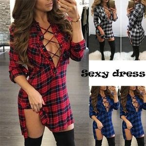 Damesmode Lange Mouwen Plaid Jurk Sexy Deep V Rokken Casual Slanke Blouses Pakket Hip Jurken1