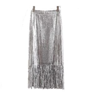 Mode féminine sur le genou paillettes tempérament fringe jupe taille haute mi-longueur mince enveloppe hanches argent métal bling 210521