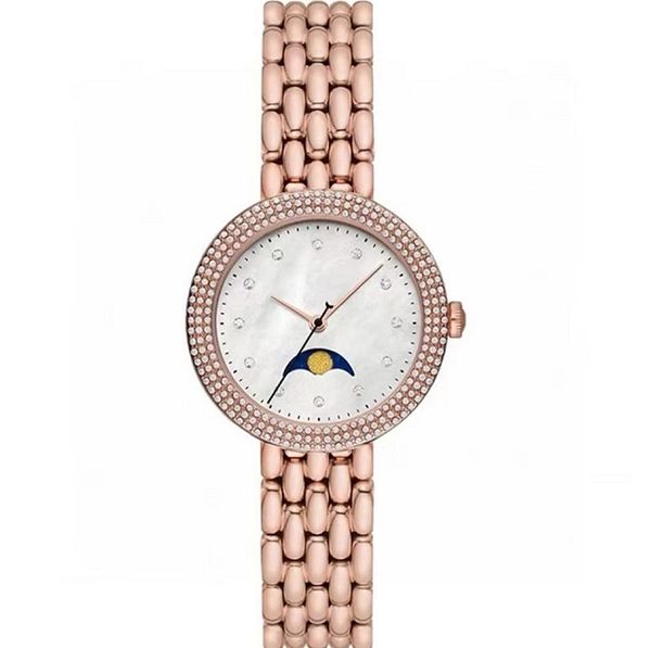 Montre à quartz de mode pour femmes boîtier en or rose 28mm diamant importé original mouvement avancé électronique fonction de phase lunaire synchronisation R11462 Montre décontractée