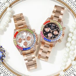 Damesmode regenboogring drie ogen diamanten kalender vrije tijd stalen riem waterdicht quartz horloge