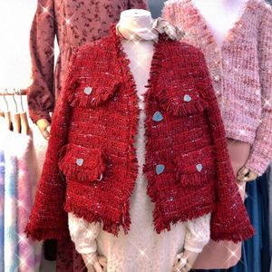 Mode femme couleur rouge tweed laine épaississement coton manteau chaud rembourré casacos SML