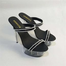 Sandales de la mode pour femmes Pantoufles de verre noble Perle à talons hauts de 15 cm 4F2