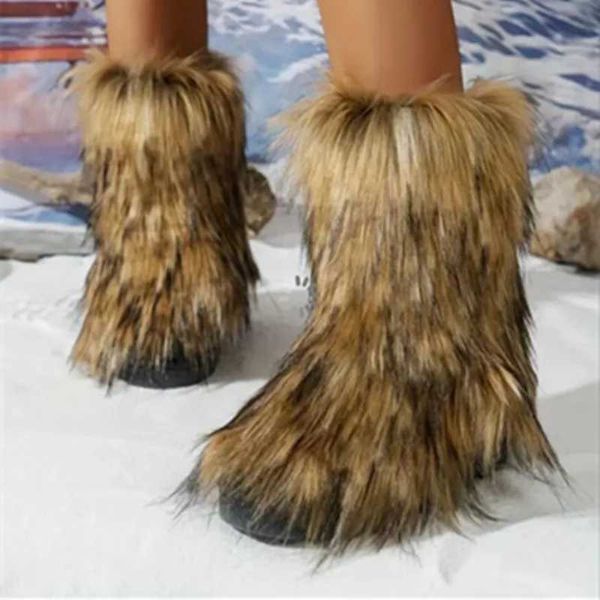 Bottes de neige chaudes à enfiler pour femmes, chaussures d'hiver de luxe en fausse fourrure de renard, chaussures à plateforme chaudes en peluche de styliste