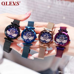 Aimant de montre de cygne de mode pour femmes Violet Bracelet en maille de Milan Femme montres en diamant Tik Tok fille Couple Robe montre-bracelet étanche