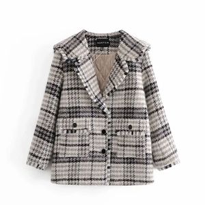 Damesmode Tweed Plaid Pak Jas Retro Sjaal Revers Single-Breasted Coat Streetwear 210521