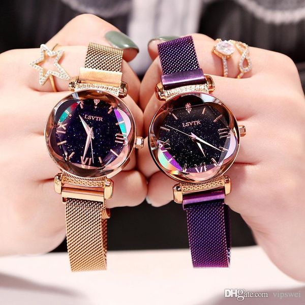 Aimant de montres de mode pour femmes Acier inoxydable Milan maille Bracelet Violet diamant Blu Ray verre fille cadeau Robe Quartz Montre-bracelet en gros
