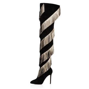 Damesmodieuze puntige Tassel Slim High Heel Side Zipper knie lengte laarzen, Europese en Amerikaanse sexy fashion runways schoenen