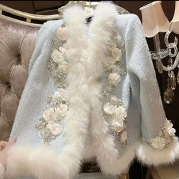 Manteau en laine avec col en fausse fourrure pour femmes, fleur 3D, perles, grande taille SML