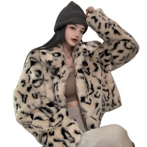 Damen Kunstpelzkragen Leopardenmuster Muster Langarm Hohe Taille Kurzer warmer Jackenmantel